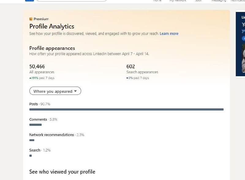 Andrew Phillips LinkedIn profile analytics — profile appearances up 191% in 7 days