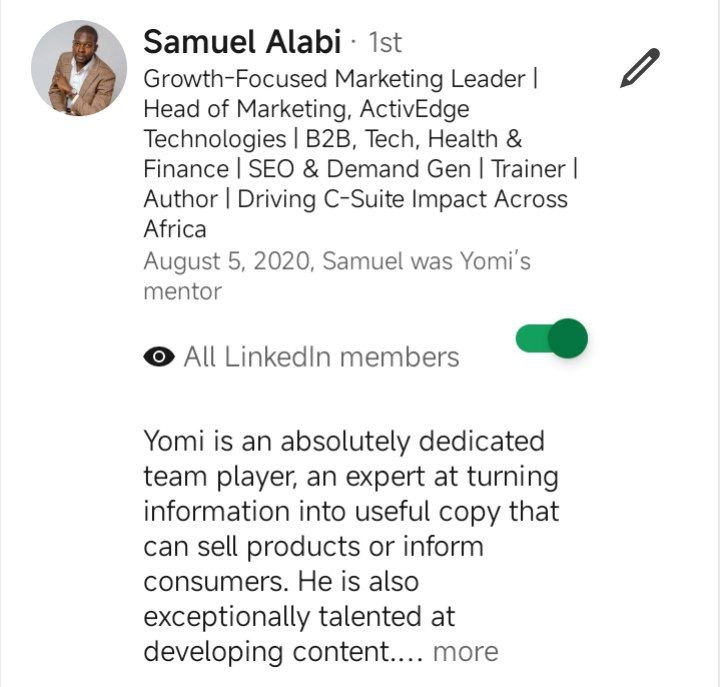 Samuel Alabi testimonial